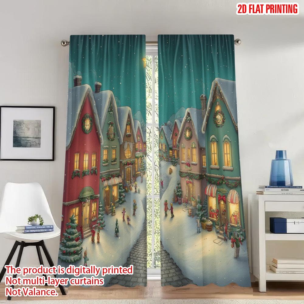 

Classic Flat Printing Christmas Curtains Village Snow Town Scene Digital Printed Polyester Drapes Party Set Of 2 Made W100*H70(CM)-Rod Pocket&2PCS