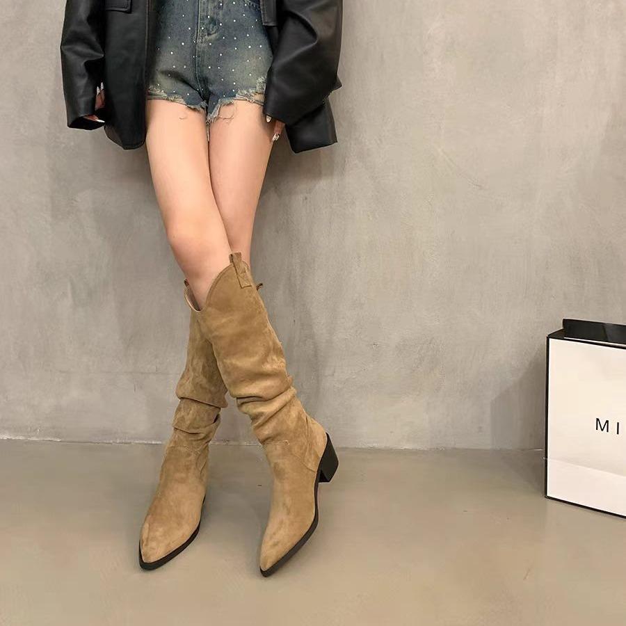 Long Boots 2026 French Retro Coffee Colored Pile Boots Western Cowboy Boots Autumn and Winter High Boots Women's Boots