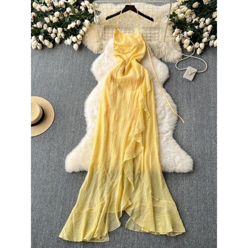 Seaside Holiday Sexy Halter Backless Dress Women's Summer Tight Waist Elegant Asymmetrical Ruffles Chiffon Dress