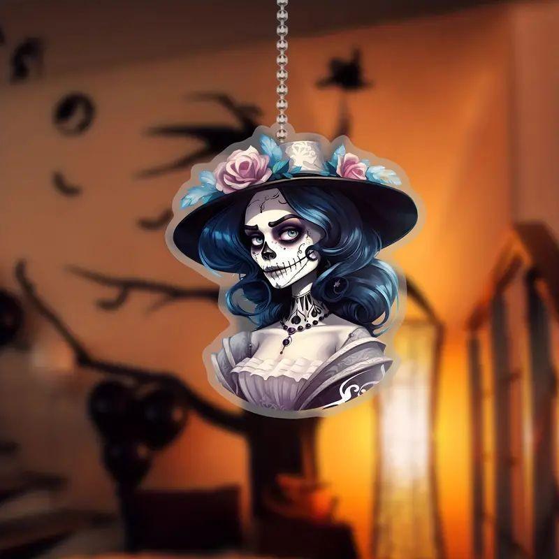 

Adorable Cartoon Skeleton Doll Acrylic Flat Pendant Perfect For Halloween And Christmas Car Decoration 2