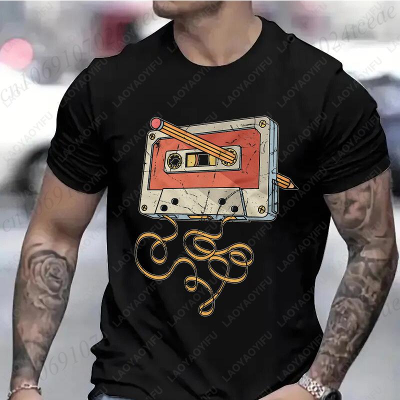 Mens Vintage Cassette Tape with Pencil Tshirt for Guys Funny Graphic Tops Birthday Clothes Fashion Casual Comfortable Cotton Tee