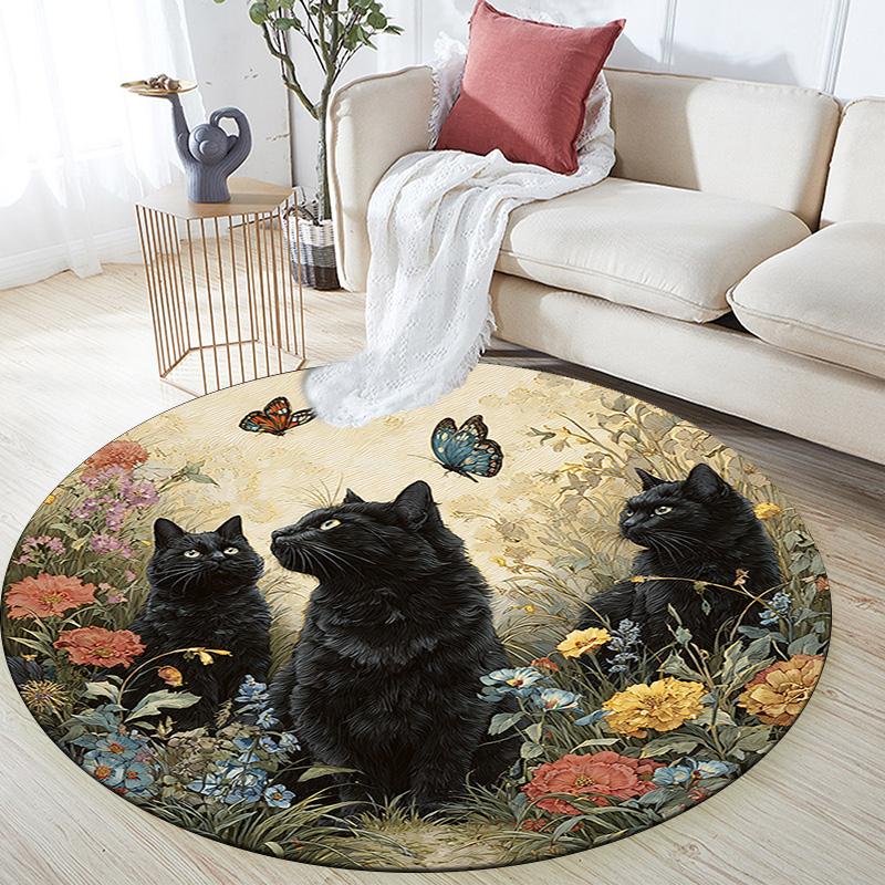 Black Cat Round Area Rug,Carpet Rug for Living Room Bedroom Sofa Playroom Decor,Non-slip Floor Mat