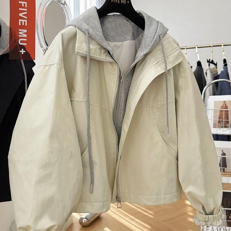 

Petite Korean Style Patchwork Hooded Jacket - Casual Fake Two-Piece 2025 Spring Collection XL 121-138 lbs