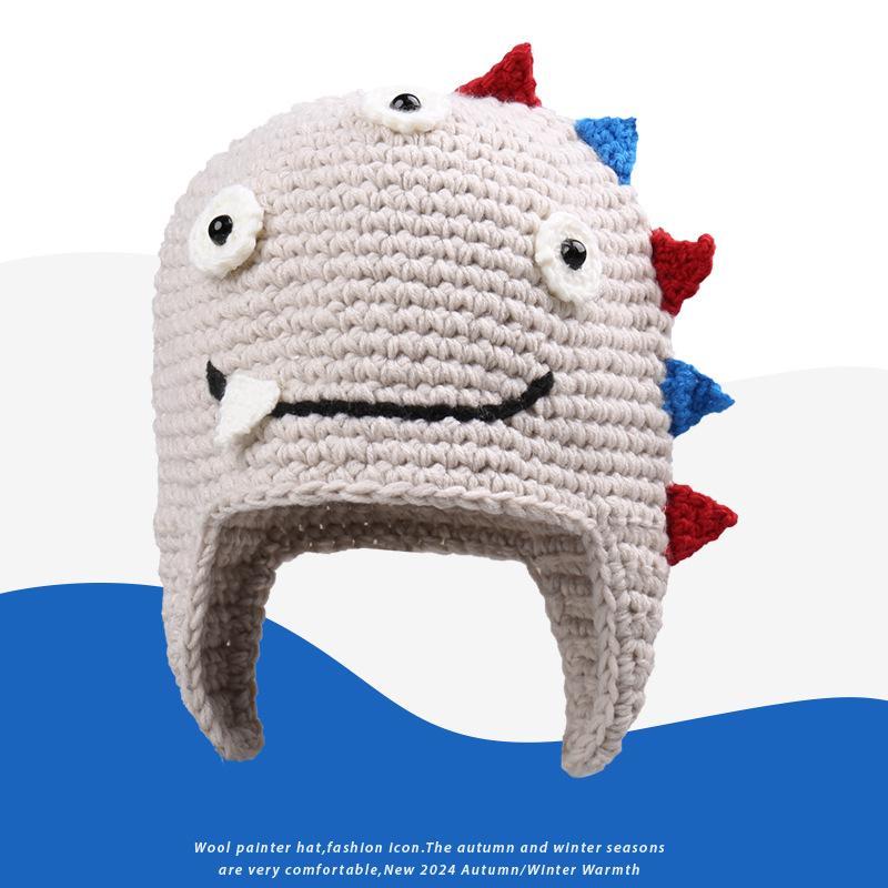 New Autumn and Winter Warm Fun Handmade Knitted Ear Hats Men and Women Cute Funny Cartoon Little Dinosaur Wool Hat