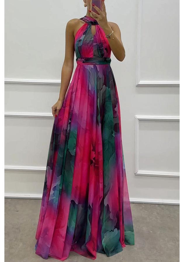 European and American women's sleeveless printed lace-up dress fashionable pendulum neck round neck women
