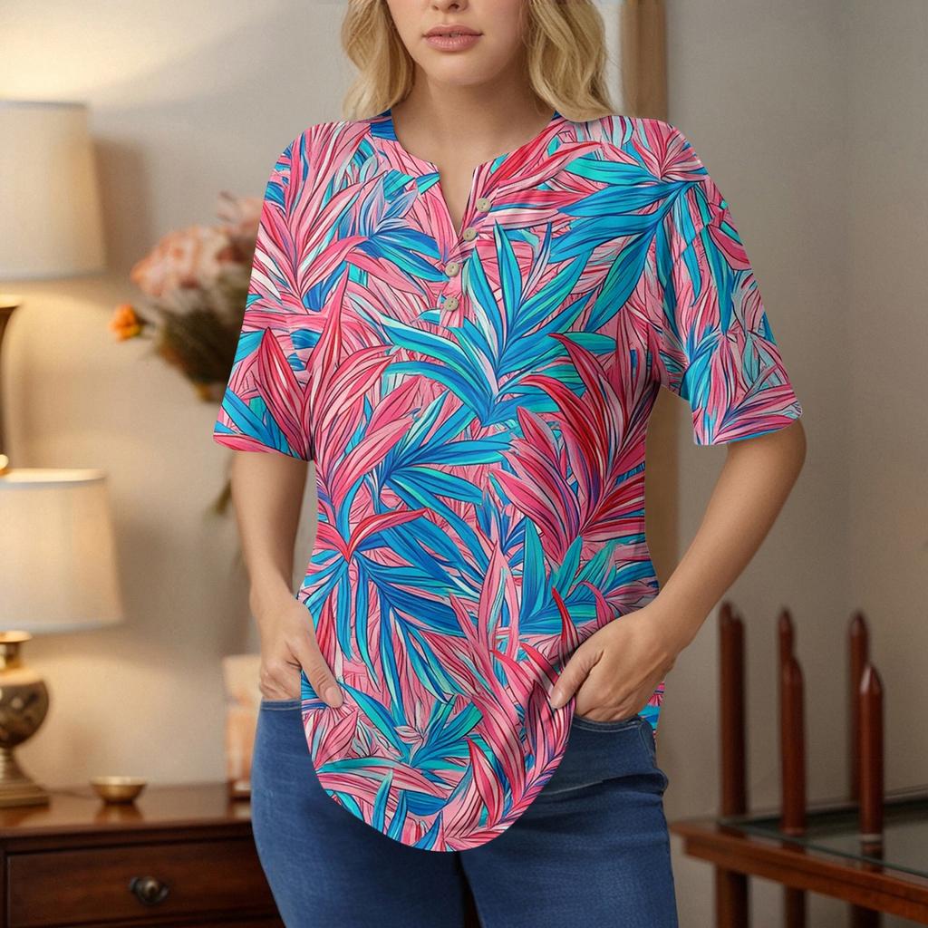 Dámské topy s krátkým rukávem, letní trička, květinový potisk, výstřih do V, ležérní základní trička s knoflíky, tuniky