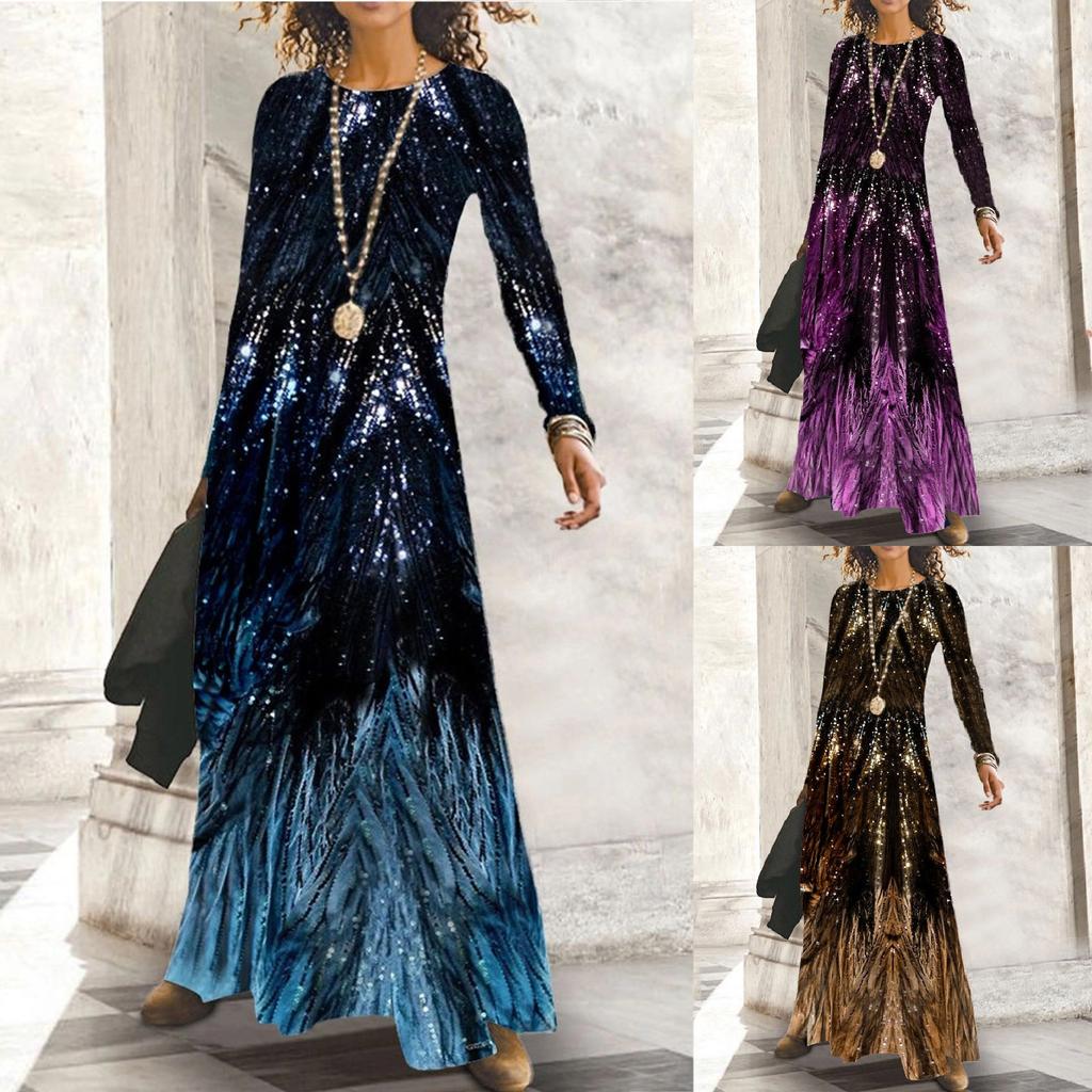 Retro Contrast Color Round Neck Long Sleeve Dress