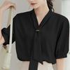 Ino Shirt Blouse Ribbon Top Short Sleeve Smooth Slimming Loose Fit Covers the Body Attractive Stylish Cute Plain Elegant Office Commuting Dates