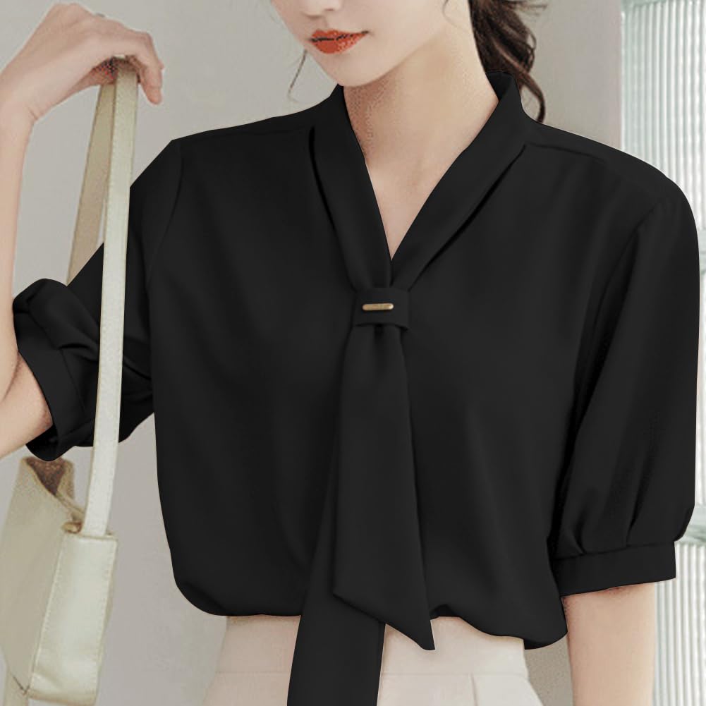 Ino Shirt Blouse Ribbon Top Short Sleeve Smooth Slimming Loose Fit Covers the Body Attractive Stylish Cute Plain Elegant Office Commuting Dates
