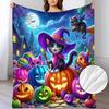 Halloween Colorful Moonlight Pumpkin Cute Cat Pattern Flannel Blanket, Soft and Warm Throw for Sofa, Home Leisure, Air Conditioning, Nap, Office Bed, 