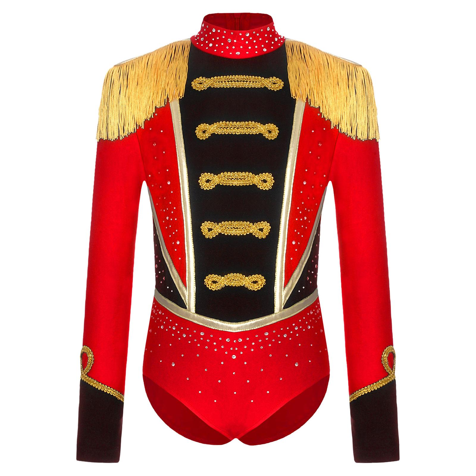 

Girls Circus Leotard Rhinestones Long Sleeve Fringed Epaulets Contrast Color Bodysuit Fancy Dress 5-6 Years червоний