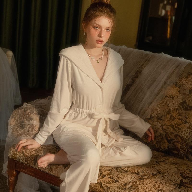 

Женский бархатный пижамный комплект, сексуальный халат с капюшоном, кимоно, брюки, комплект, осенняя и зимняя пижама, милая домашняя пижама M