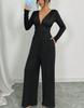 Women Deep V Ribbed Jumpsuit High Waist Ruched Wide Leg Long Sleeve Elegant Casual Jumpsuits