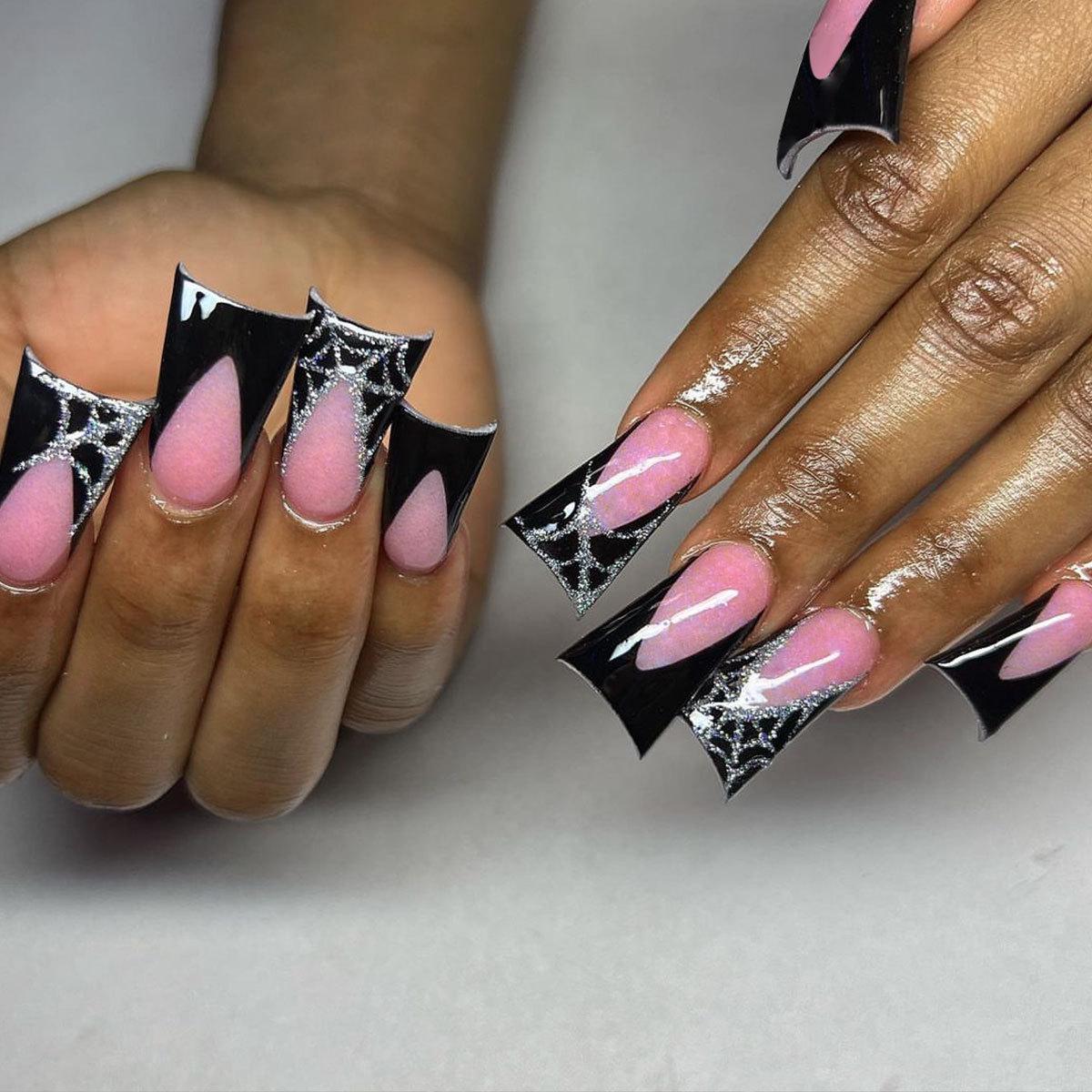 

Black French Edge Spiderweb Removable Wearable False Nails
