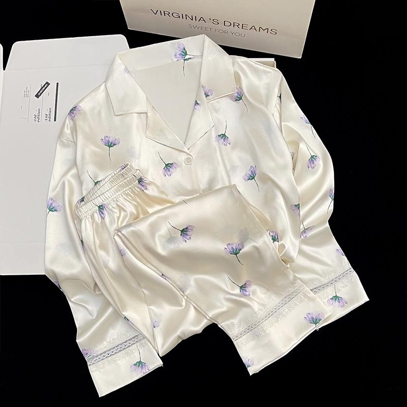 Pyjamas Damen Seiden-Langarmpyjamas Pyjama-Anzug mit Blumendruck Hochwertige Eisseide Kann Draußen Als Pyjama Für Zu Hause Getragen Werden