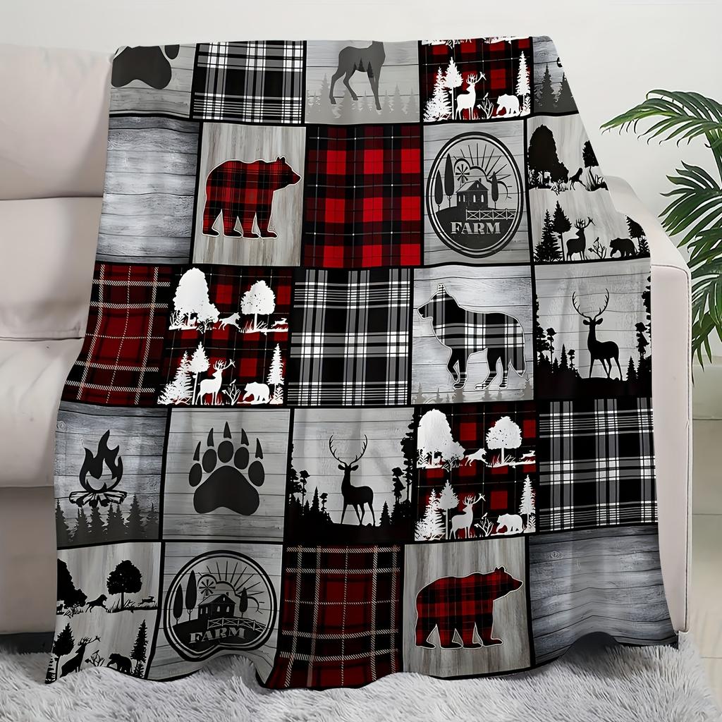 1PC country-style flannel blanket with bear paw and deer patterns - soft, tear-resistant, all-season, suitable for sofas, office