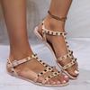 Fashion Summer New Style Luxury Rivet Thin Strap T-toe Sandals Summer Square Toe Flats Bottom Women's Going Out Roman Women's Shoes