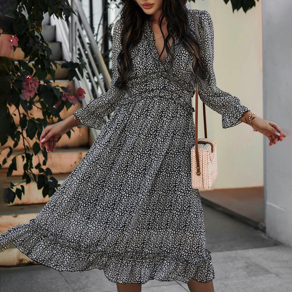 Damemote Langermet V-hals skjørt Plissert Kne-lengde Print Dress