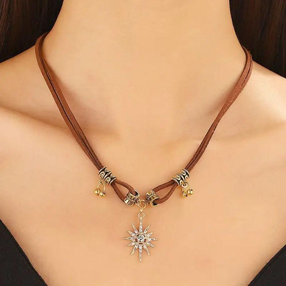 Vintage Sun Pendant Necklace Adjustable Leather Clavicle Chain  Sweet Cool Spice