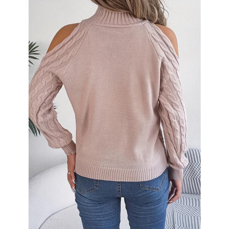 Women's Off-Shoulder High Neck Cable- Sweater - Soft Stretchy Long Sleeve Pullover, Solid Color Casual Chic Fall Winter Top, Highneck Pullover