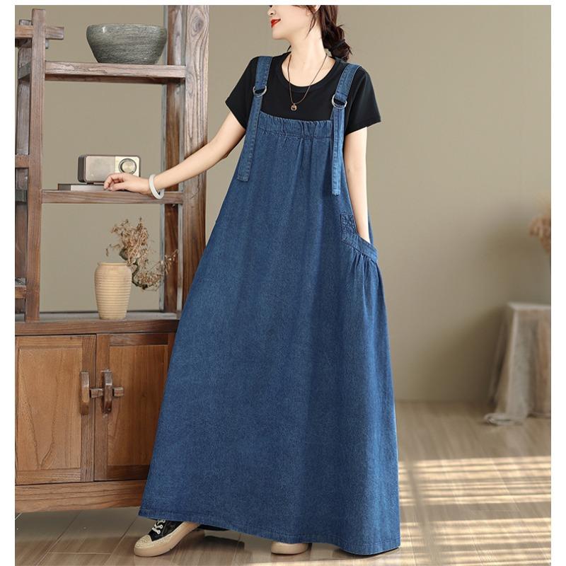 DIMANAF Women Plus Size Denim Blue Dress Maxi Long Dress Sleeveless Vintage Loose Casual Basic Dresses Cottton