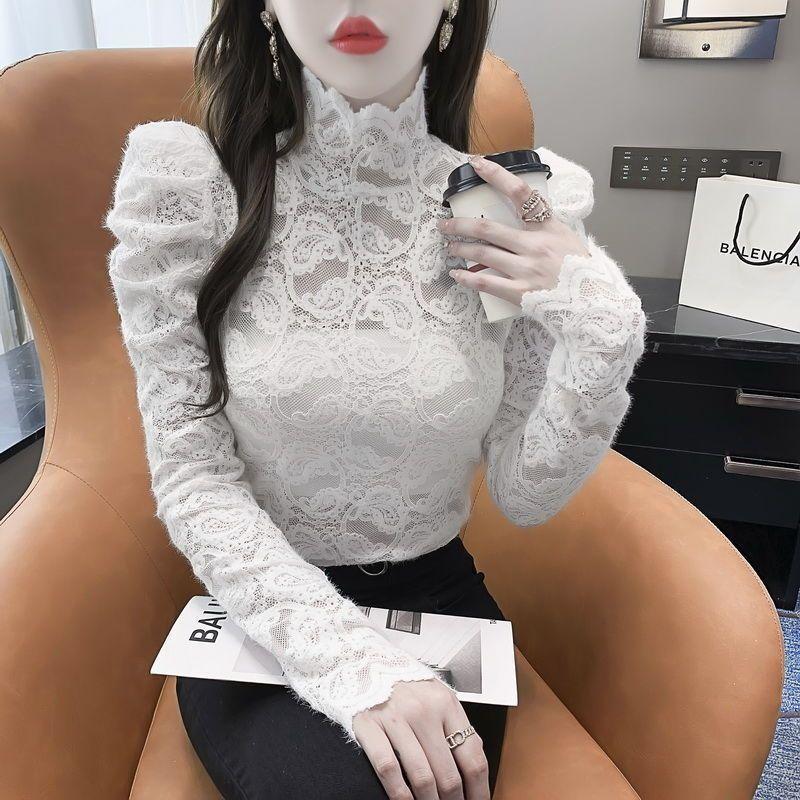 Podzim Zima Rolák Krajkový Základní Top Dámský Nový Módní Nabíraný Rukáv Temperament Dlouhý Rukáv