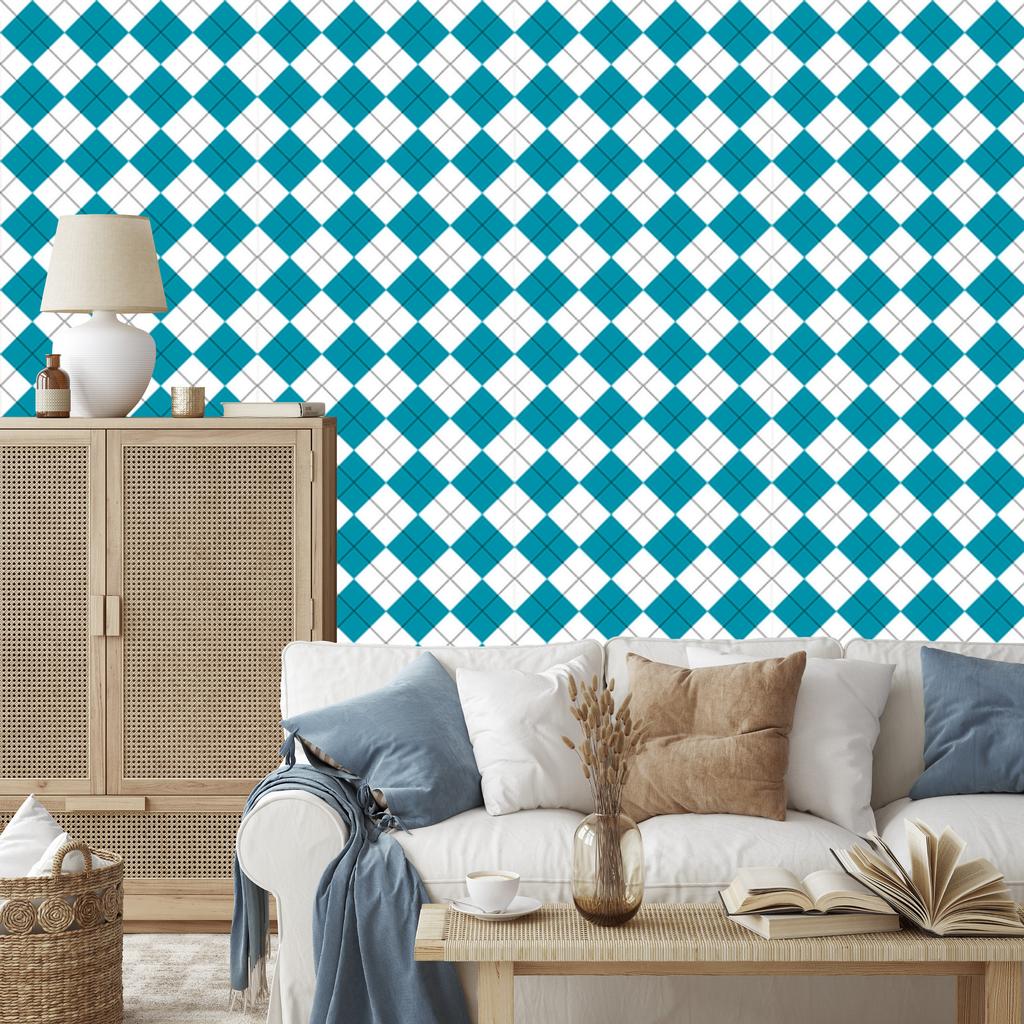 Basic Retro Check Wallpaper Turquoise, White, and Light Gray 50x1000