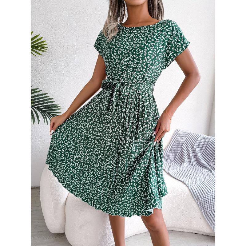 Ins Spring and Summer New Casual Short-sleeved Floral Pleated Dress S зелёный