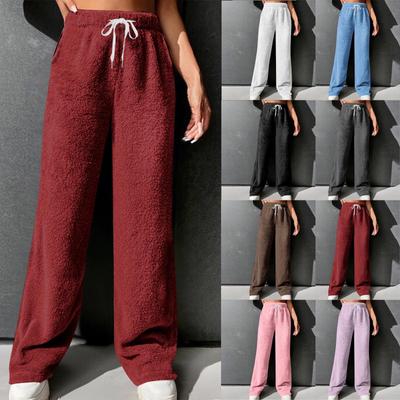 Pyjamahose für Damen, Plüsch-Schlafhose, weiche Pyjamahose mit elastischem Bund, einfarbige Hose mit 2 Taschen