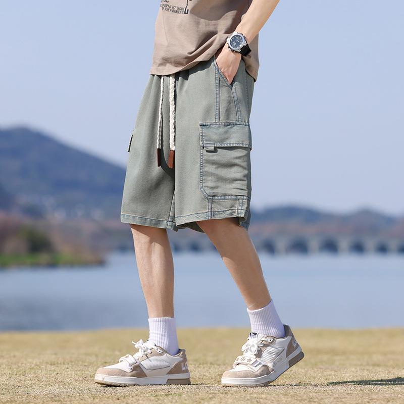 Summer Men's Denim Cargo Shorts Big Size Elastic Waist Straight Baggy Jeans Shorts