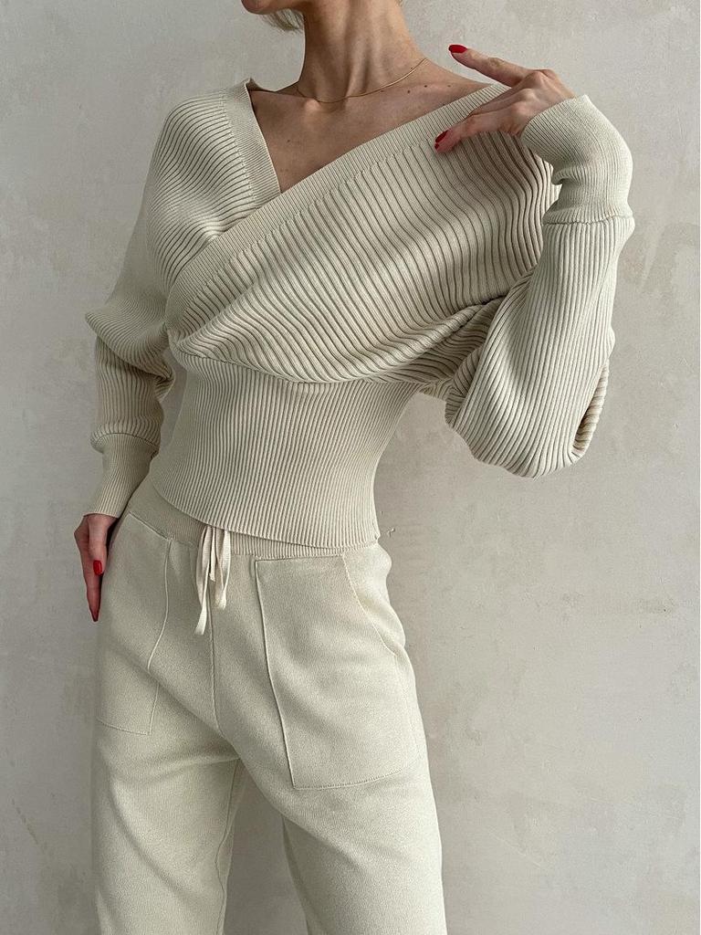 Elegant Off-Shoulder Batwing V-Neck Sweater Two-Piece Set for Women