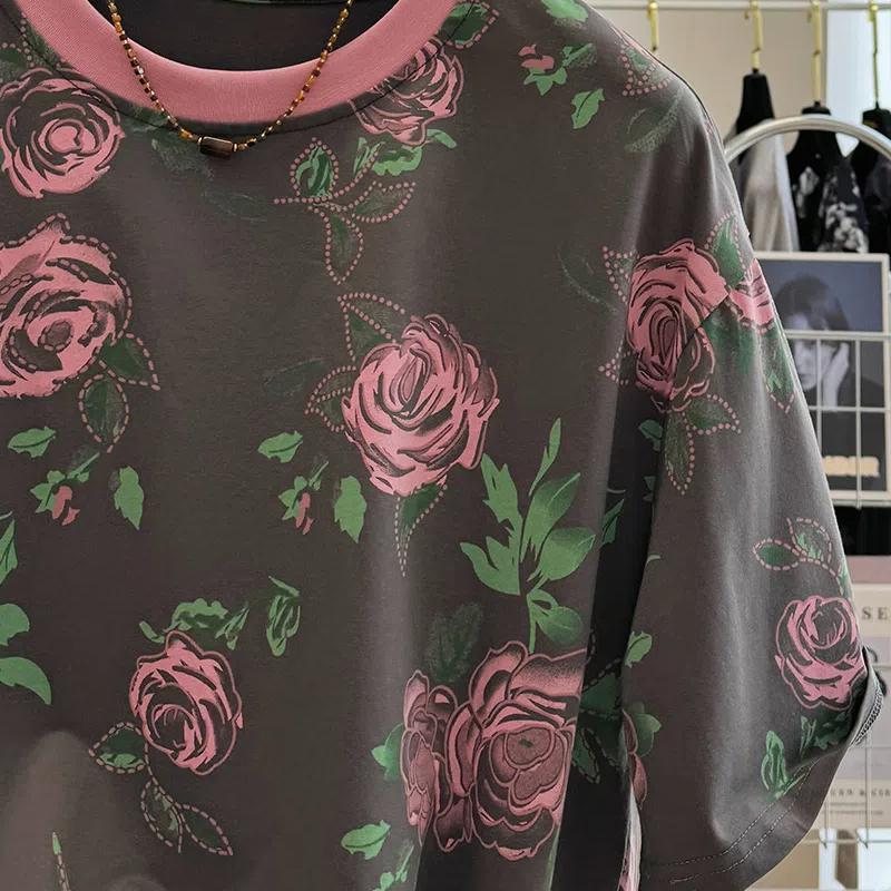 Women's Summer Retro Print Short Sleeve T-Shirt Loose and Casual Round Neck Top