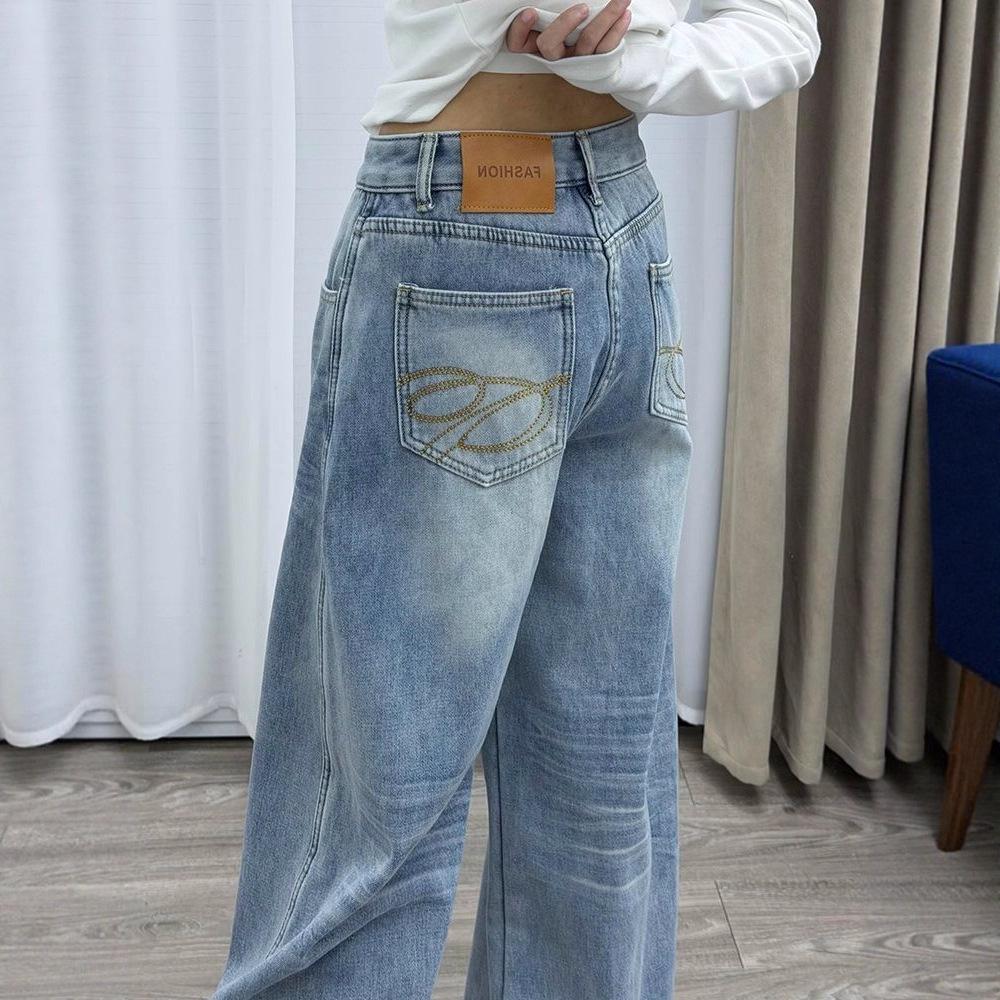 

Petite American Retro Wide-Leg Floor-Length Jeans for Women - Slimming and Versatile Straight-Leg Fit XL светло-синий