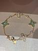 1 Pieceretro New Chinese Style Green Agate and Jade Inlaid Four-leaf Flower Bracelet Suitable for Women's Daily Wear, Party Wear, Girlfriend Gift