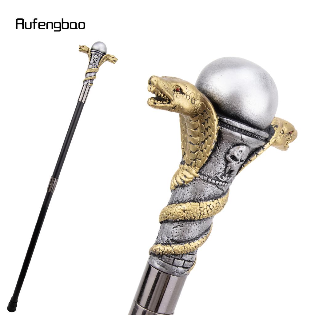 Golden Resin Double Snake Head Cobra Walking Cane Fashion Decorative Steel Stick Gentleman Elegant Cosplay Cane Crosier 94cm