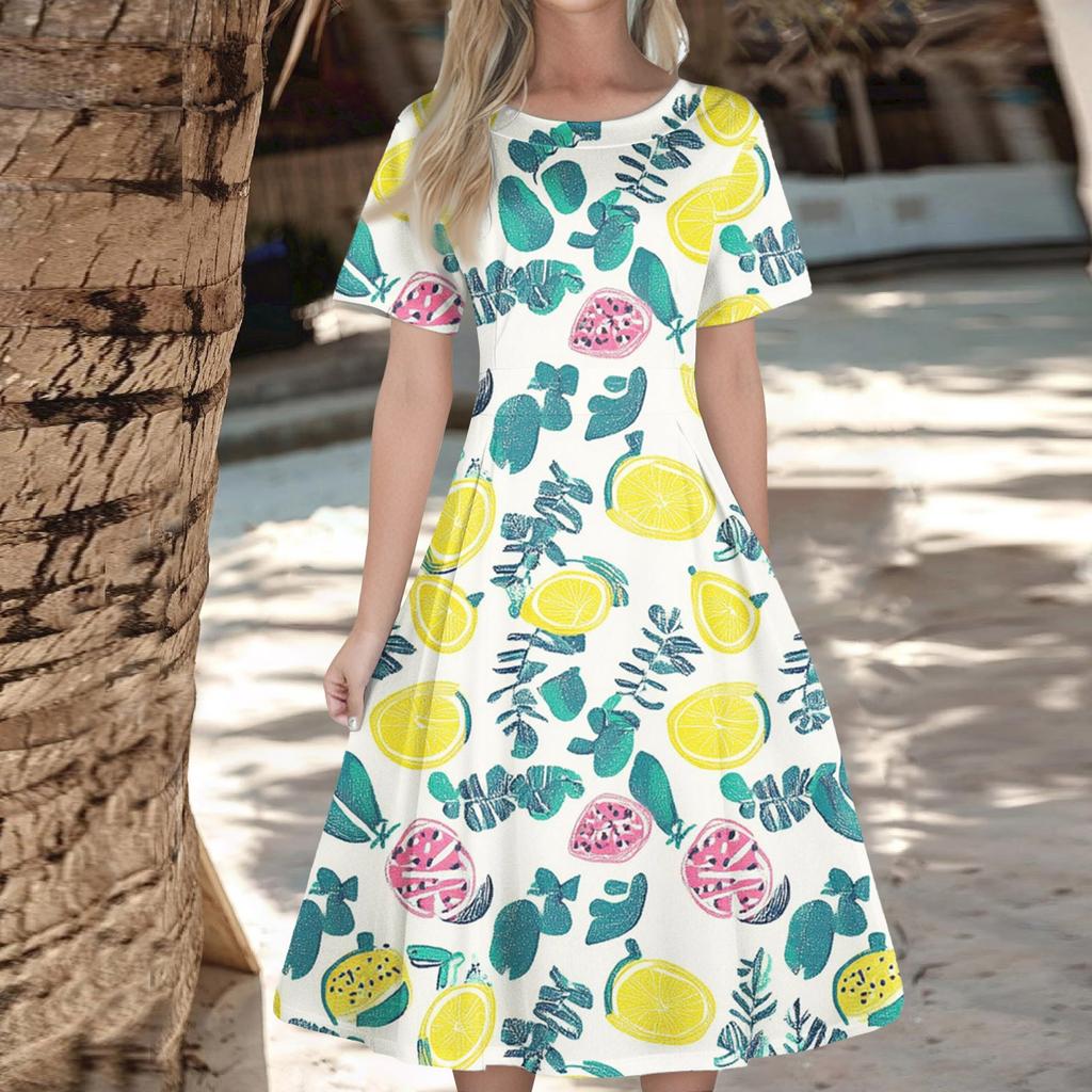 Women's Casual Fashion Dress Animal Floral Print Round Short Sleeve Waist Mid-Length Swing Dress (with Zipper)