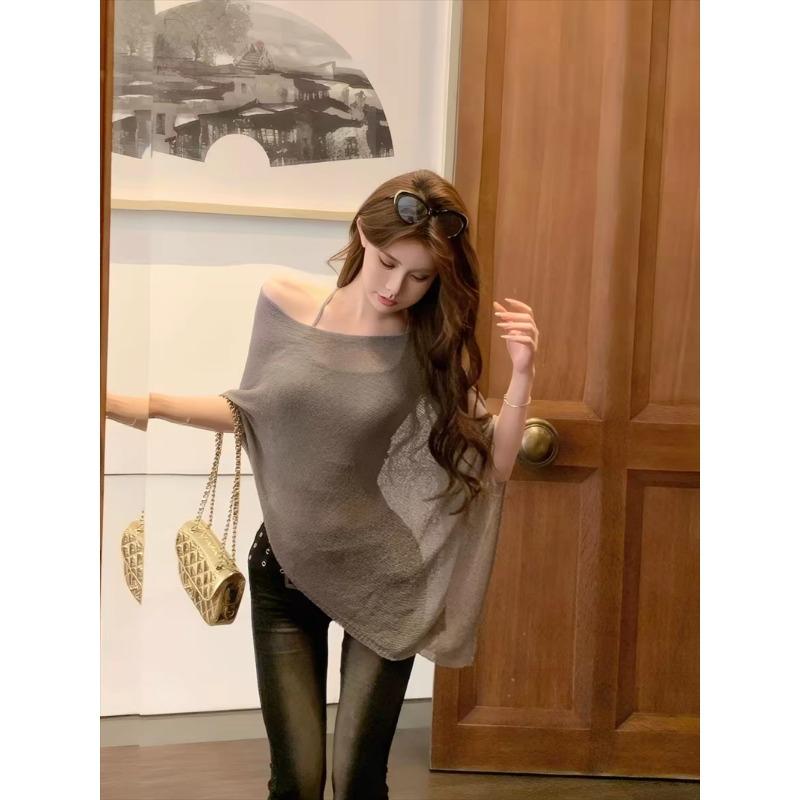 Irregular Loose Fit Knitwaer Off Shoulder Cape Blouse Casual  Cover Up Solid Color Knitted Blouses Sheer Knit Poncho Top Elegant Layering Clothing