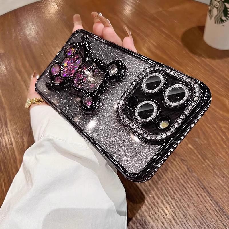 Applicable To IPhone 16 Mobile Phone Case Rhinestone Flash Powder Quicksand Violent Bear Apple 15 ProMax Advanced Sense Anti-fall Cover
