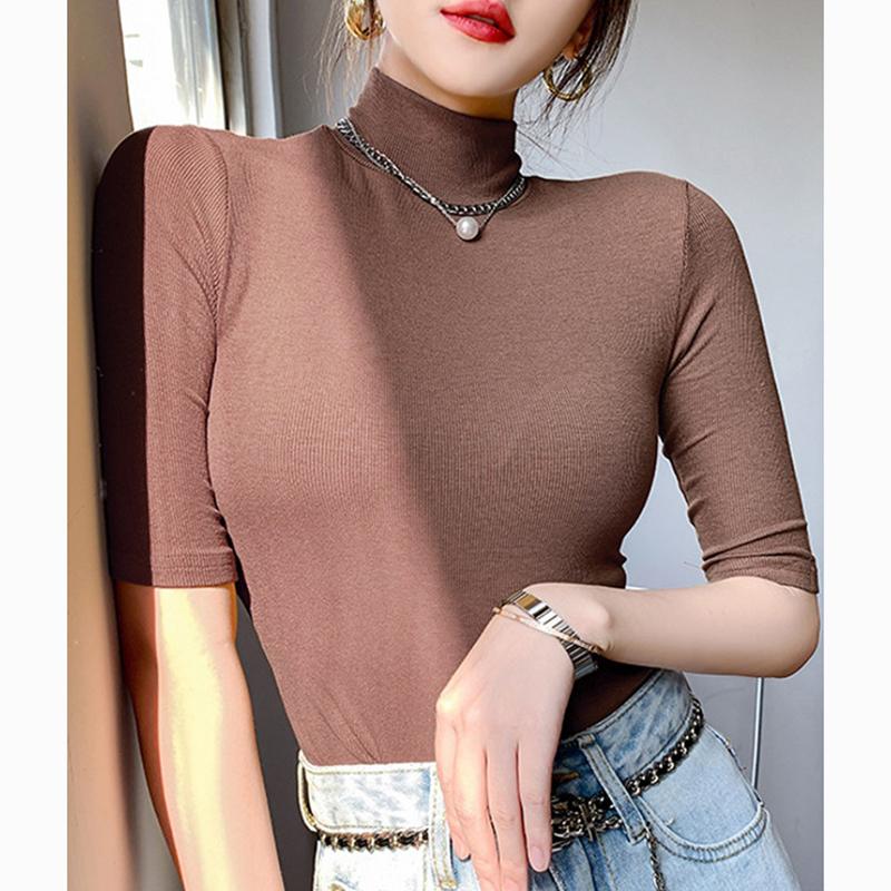 Fashion Short Sleeve Casual White T-shirt for Women Summer Half High Neck Slim Base T Shirt Female Casual Elegant Office Lady Tee Tops 24081