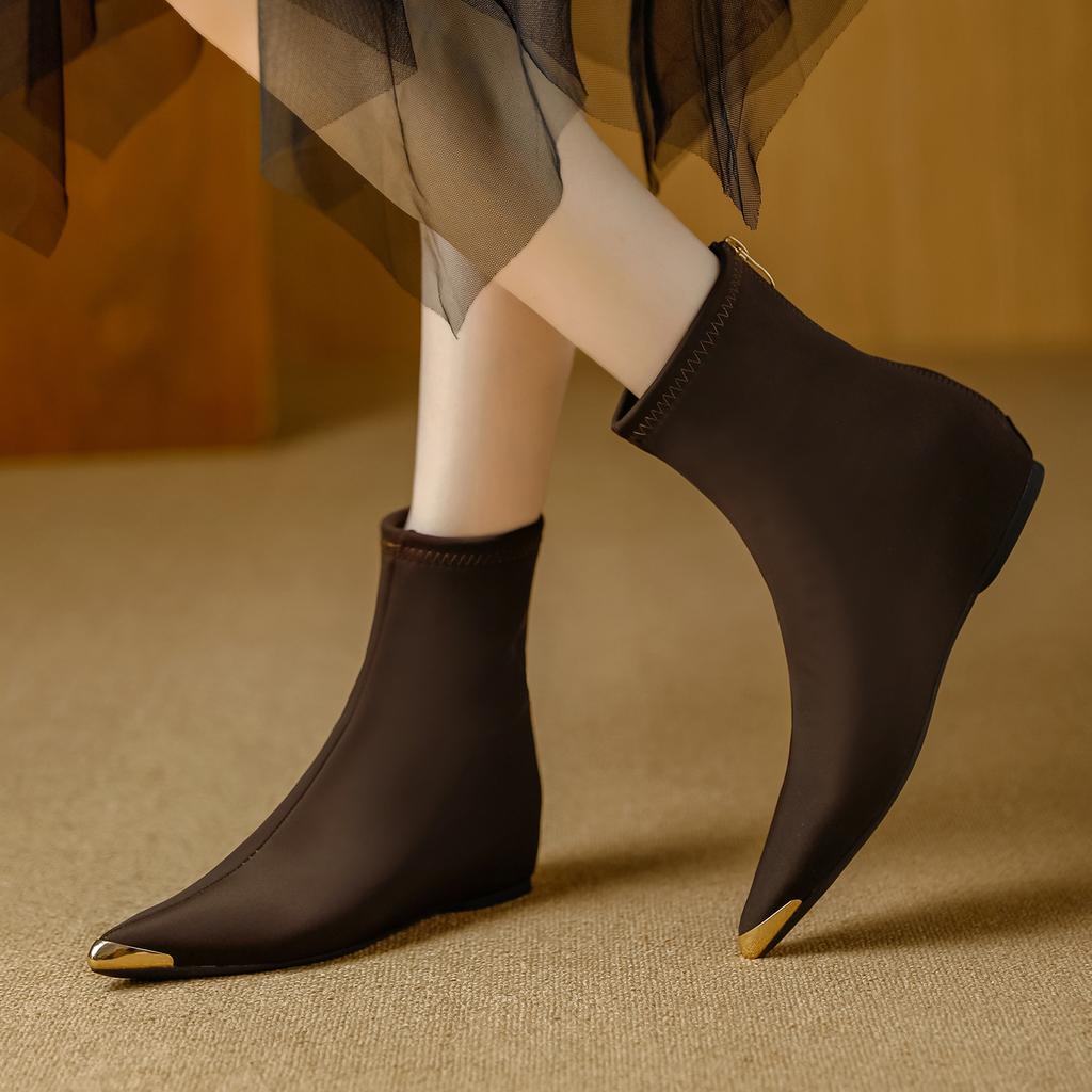 Anti-kick Inner Heightening Short Boots Women's 2025 Autumn and Winter New Metal Pointed Versatile European and American Style Elastic Thin Boots Bare
