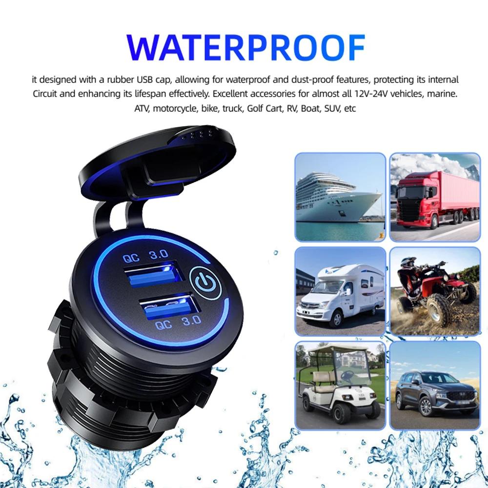 Quick Charge 3.0 Dual USB  Fast Car Charger Socket Accessories Waterproof 12V 24V QC3.0 Power Outlet with Touch Switch Led Light