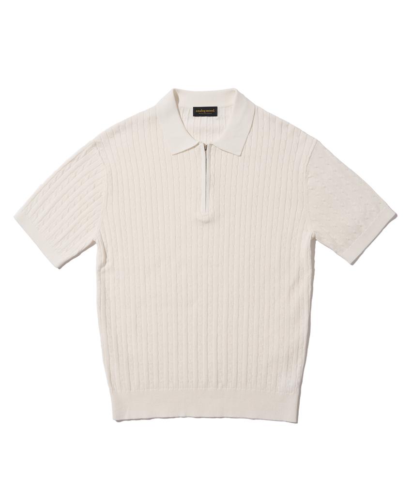 ANALOG MOOD Cable Half-Zip Collar Short-Sleeve Knit (Ivory)