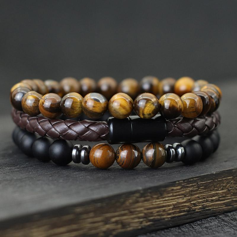 

Noter 3pcs Men Bracelet Set 8mm Natural Onyx Tiger Eyes Stone Braclet Homme Magentic Clasp Leather Braslet Pulsera Hombre Gift 19.5cm коричневый