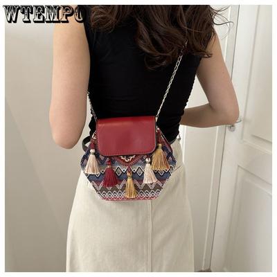 Ethnic Style Small Bag for Women Summer Chain Crossbody Τσάντα Stylish Casual Tassel Fashion Μικρή τετράγωνη τσάντα