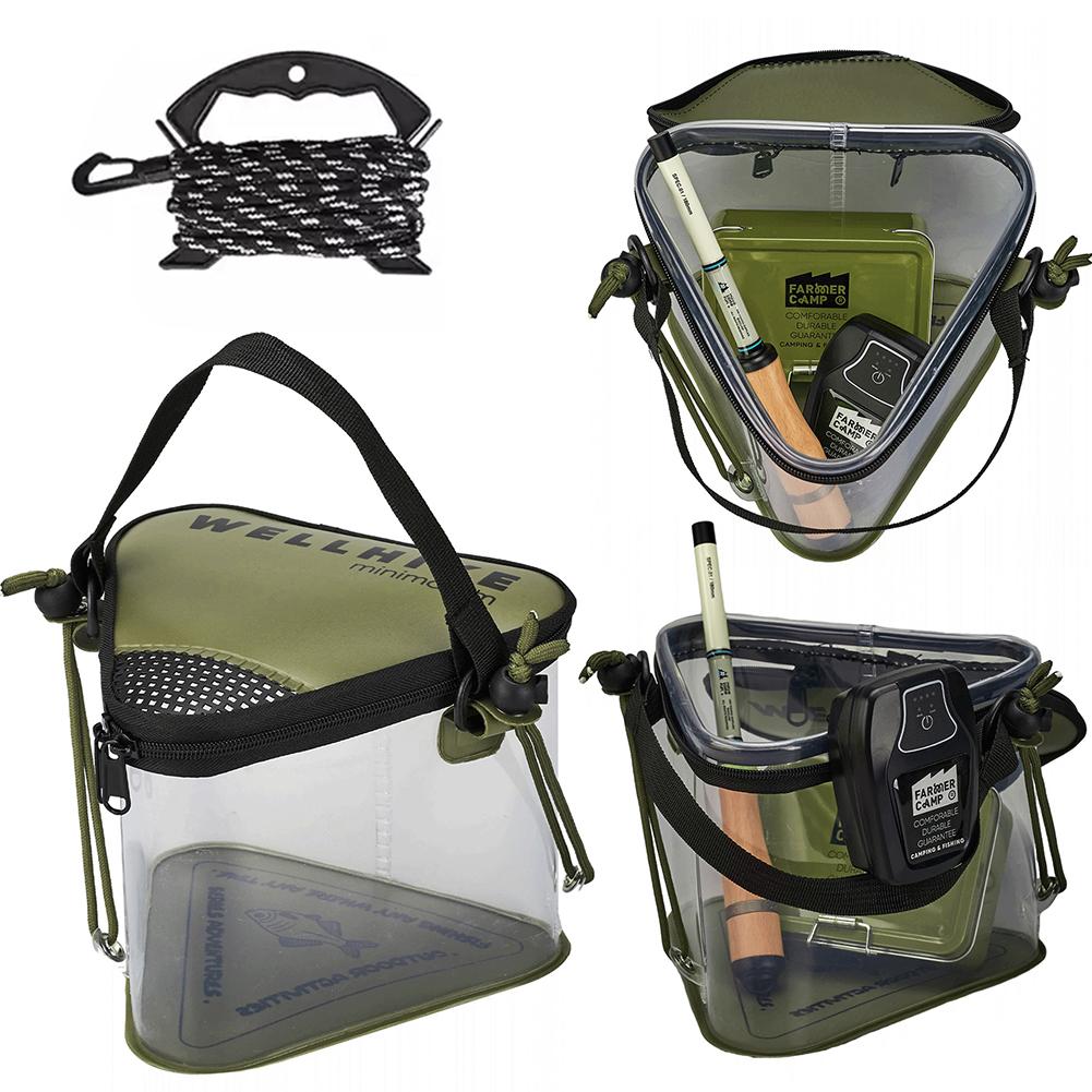 Transparent Fishing Bucket with Breathable Mesh Lid Folding Fish Water Bucket Portable Fishing Bucket for Camping Kayak Fishing