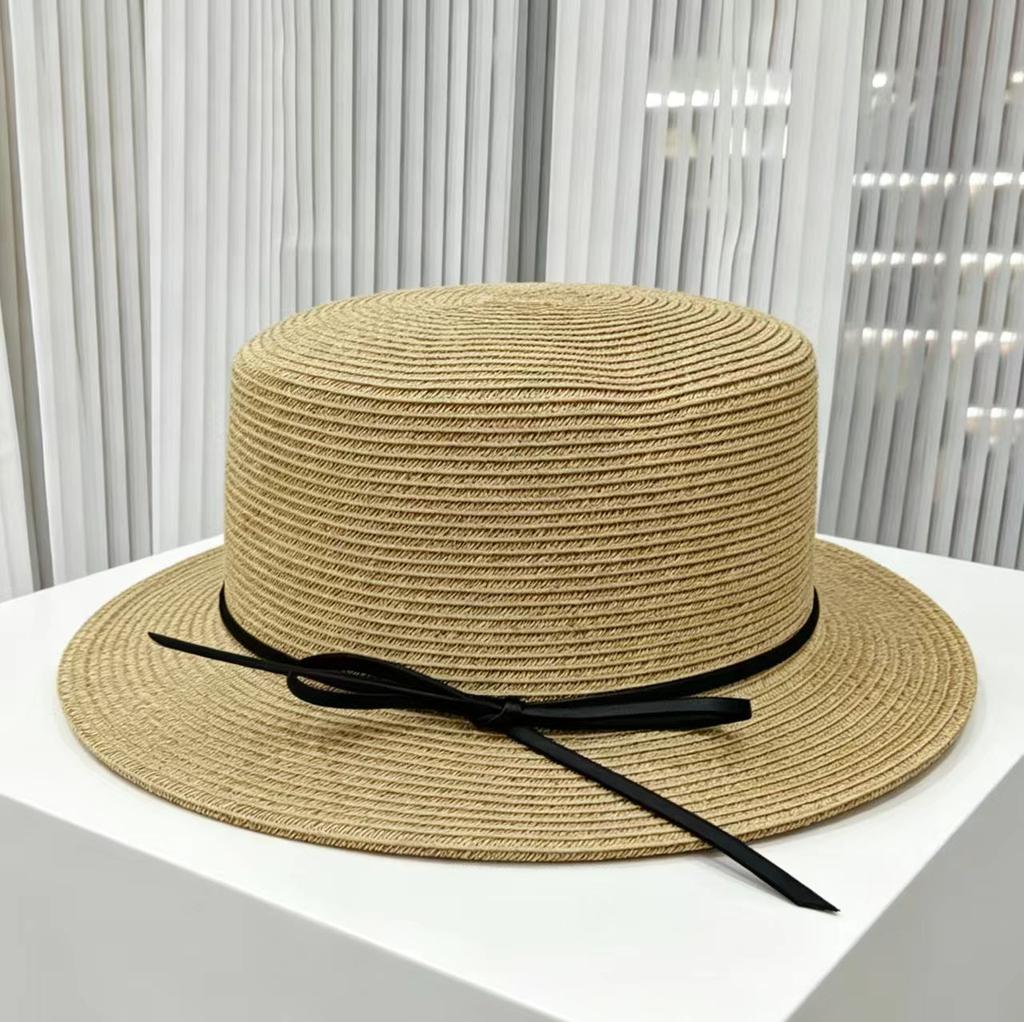 Seaside Vacation Idyllic Style Flat-brimmed Bow Women's Summer Travel Sunshade Sunscreen Hat, Straw-woven Elegant Top Hat