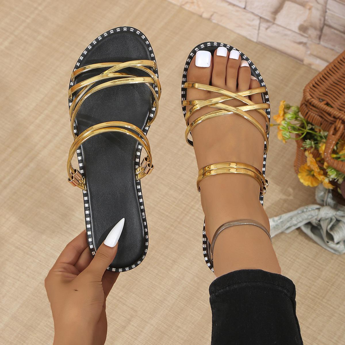 

Босоножки большого размера женские 2025 лето новые сандалии на плоской подошве женские универсальные модные с темпераментом сандалии двойного ношения 43 золотой