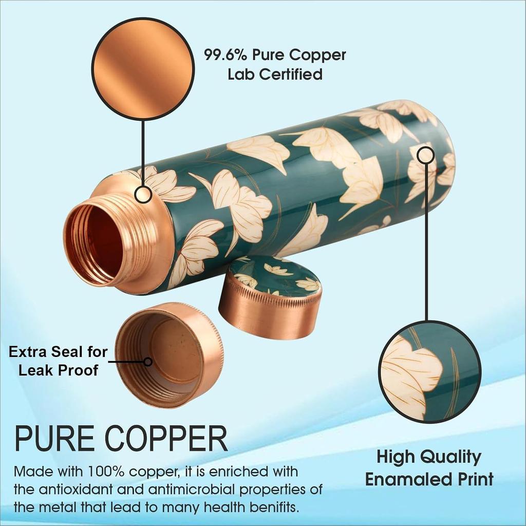 Handmade Copper Water Bottle WiFi Design Printed Exact Handcrafted, 1 Liter, Clear