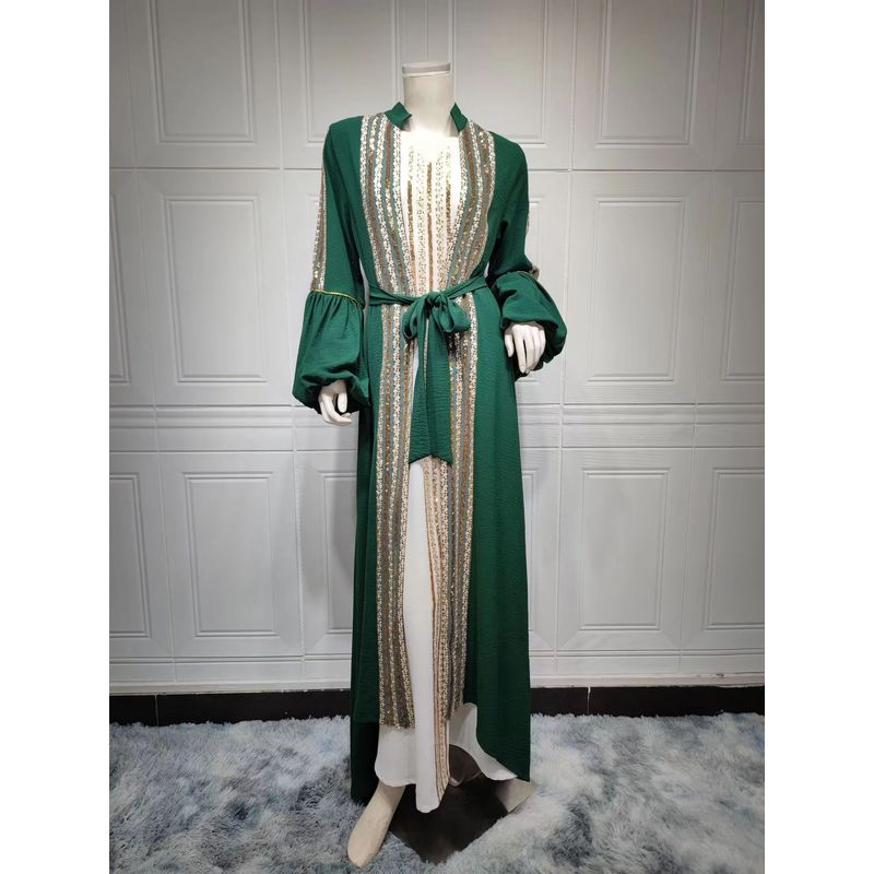 

New Arrival Sequin Puff Sleeve Dress + Inner Skirt Two-Piece Suit Sequin Dress + Inner Skirt Set Green L