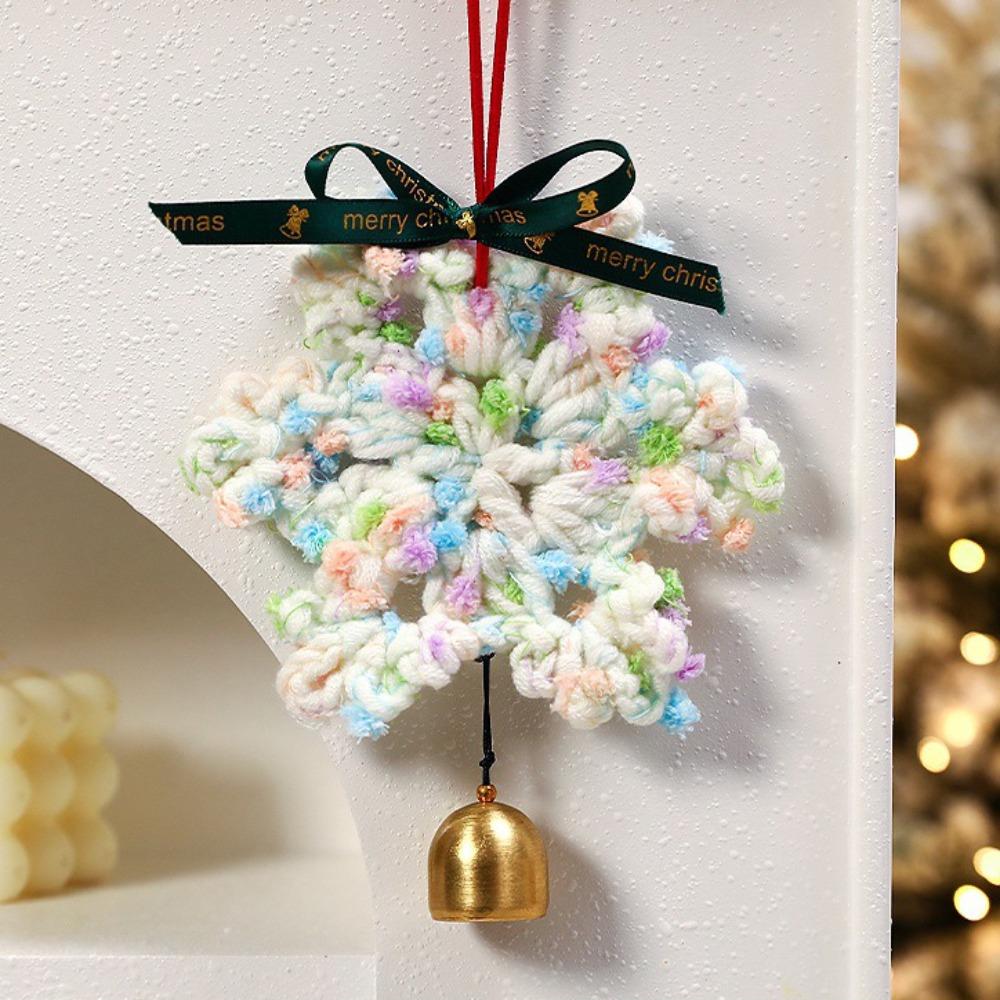 

Hand-knitted Christmas Bell Pendant Creative Crisp Sound Crochet Snowflake Pendant 16cm Ribbon Bow Christmas Jingle Bells 38mm